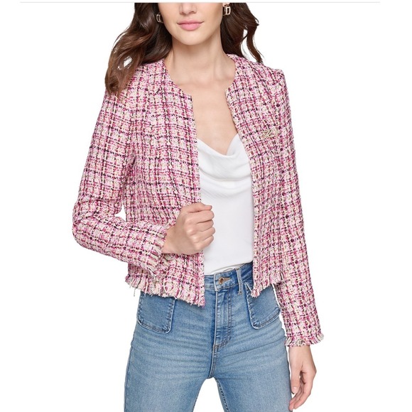 Karl Lagerfeld Paris Pink Tweed Open Front Fringe Jacket Size 12 L4GC6199